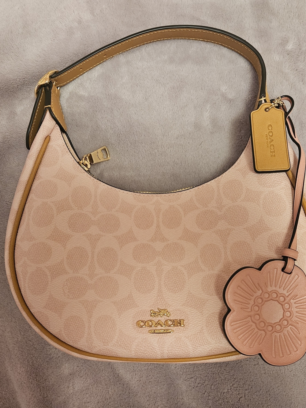 Coach Pale Pink Signature Hobo with Tan Trim & Floral Charm
